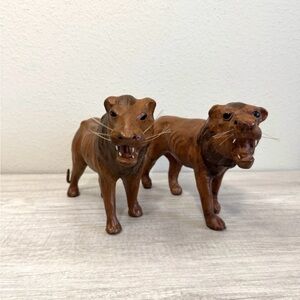 Vintage Leather Wrapped Lions Statue Figurines Genuine Leather MCM